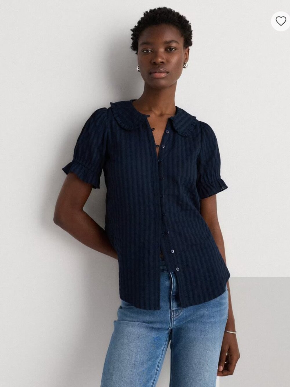 Quince Embroidered Cotton Ruffle Collar Short Sleeve Blouse l large Navy Blue